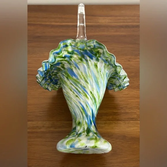 Elegant Fenton Green, Blue and White Glass Bridal Basket - Picture 2 of 6